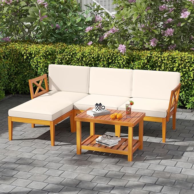 Tangkula L Shaped Outdoor Furniture Set, 5 Pieces Acacia Wood Patio - Image 2