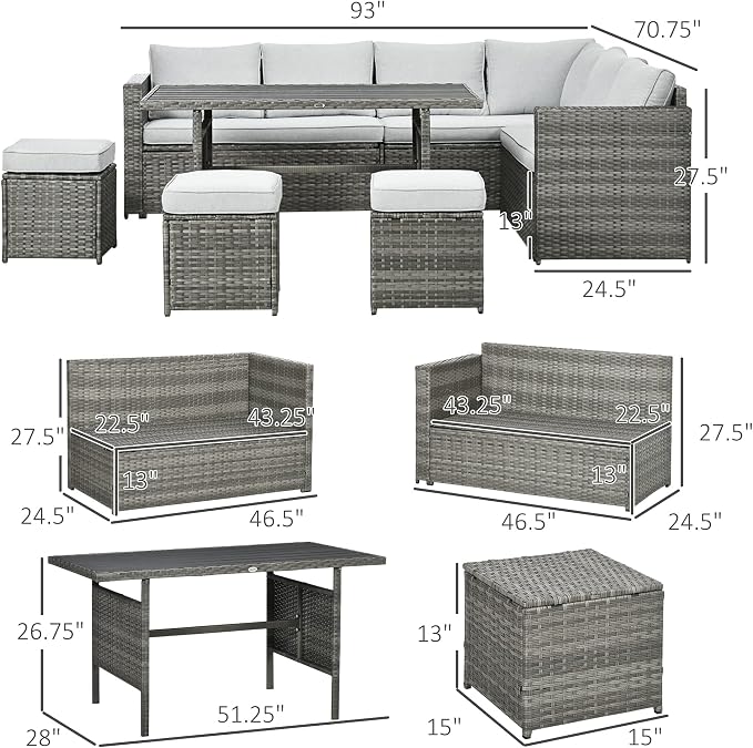 Outsunny 7 Piece Rattan Outdoor Patio Furniture Set, L-Shaped Sectional Sofa - Image 7