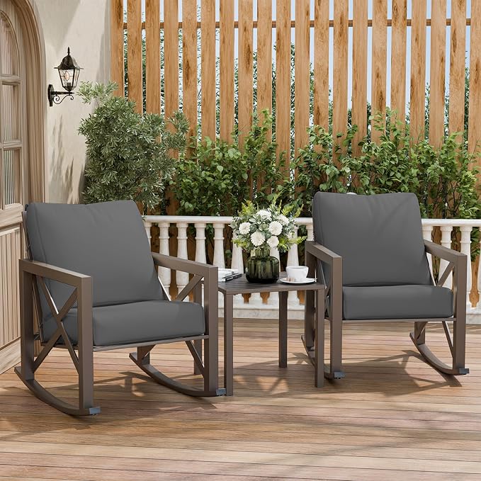 Outdoor Rocking Bistro Set, Patio Rocking Chairs Set of 2 by VonzoyHome