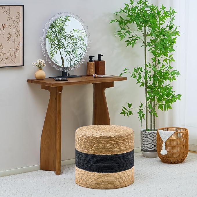 Wimarsbon 18'' Ottoman Pouf, Natural Braided Poof, Rustic Handweave Lounge - Image 5