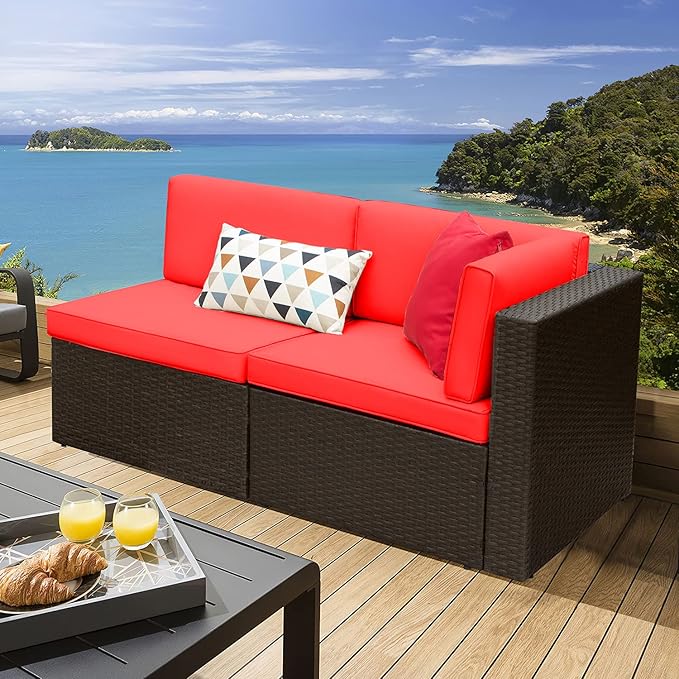 Devoko 2-Piece Modern Red Rattan & Metal Patio Sofa Set by DEVOKO