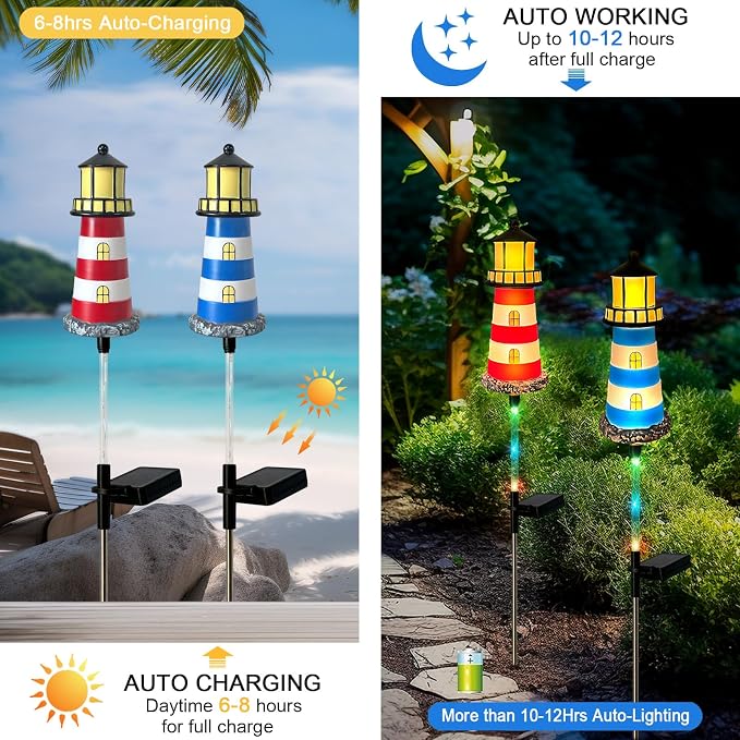 4 Pack Lighthouse Solar Lights, 7 Light Color Changes, IP65 Waterproof Solar - Image 3