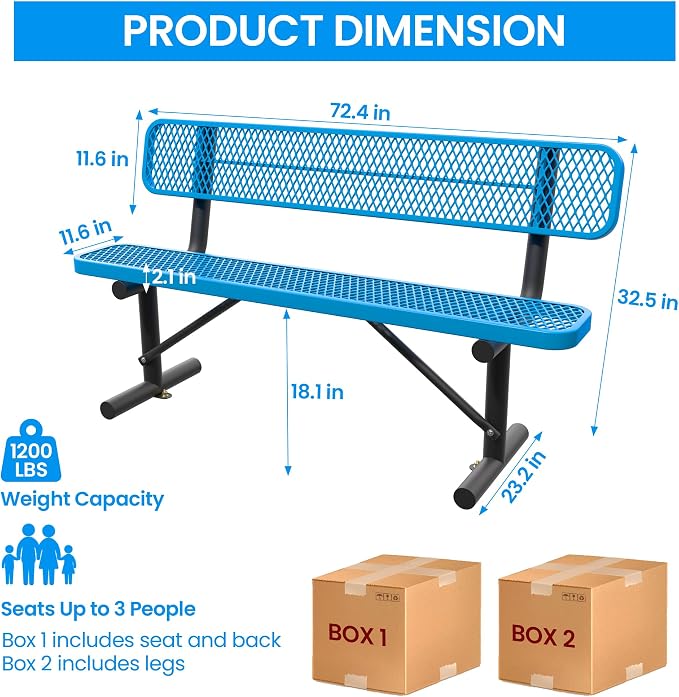 6 FT Steel Park Bench for Outside, Outdoor Bench - Image 2