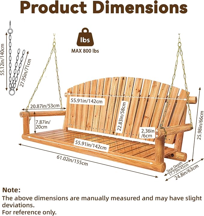 Outdoor Porch Swing Front Porch Hanging Wooden Bench Swing 3 Seat Chair - Image 3