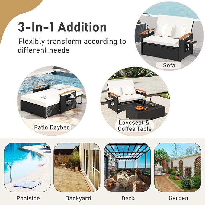 Moccha Outdoor Wicker Daybed, Patio Rattan Loveseat Sofa w/ 4-Level Adjustable - Image 6