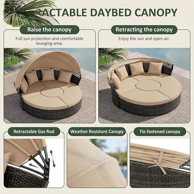 Crownland Outdoor Daybed with Retractable Canopy, Patio Round Daybed with - Image 6