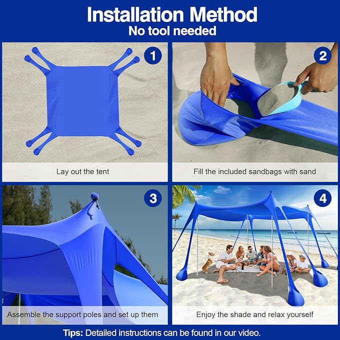 Rhino Valley Beach Tent Shade Canopy UPF50+ Protection, 8 Sandbags, 4 Stability - Image 4