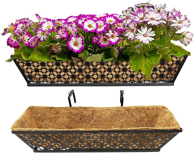 2 Set Deck Railing Planter Box 24" Black Metal Garden Trough Deck Planter by Frillybutts