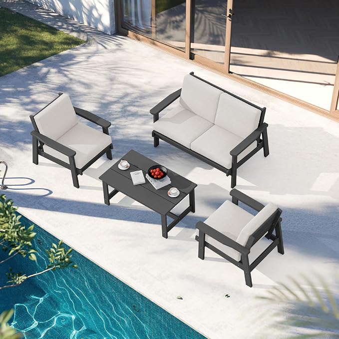 SERWALL HDPE Outdoor Furniture Set 4, All Weather Wood-Like Outdoor Sofa - Image 9