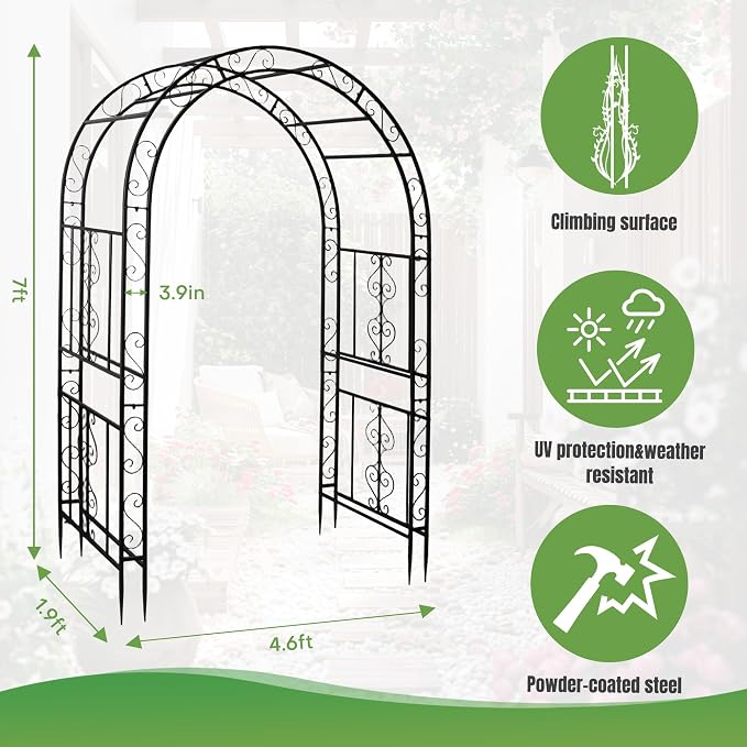 7FT Black Garden Arbor Trellis, Outdoor Metal Garden Arch - Image 2