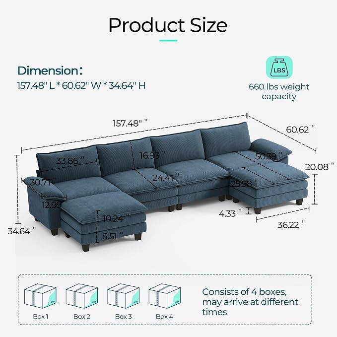LINSY HOME 157'' Modular Sectional Sofa Blue Couch Corduroy Cloud Couches - Image 2