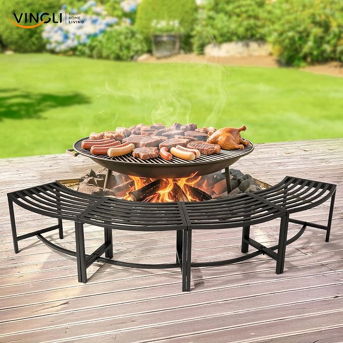 VINGLI Outdoor Metal Curved Bench, Weatherproof Fire Pit Bench Set of 4 - Image 7