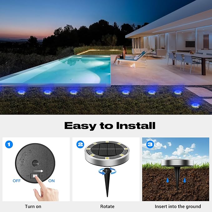 Peasur Mini Solar Ground Lights Outdoor, 8 Pack Flat Solar Powered Disc Lights - Image 4