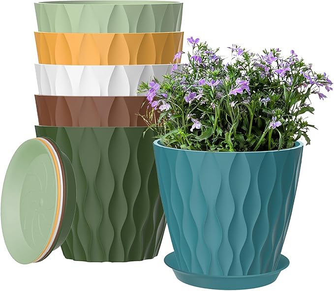 6 Pack 7 Inch Plant Pots with Drainage and Saucers, Stackable Nursery Planters by zople