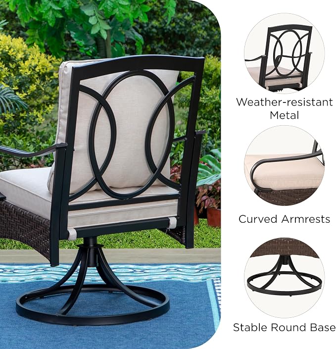 PHI VILLA Patio Swivel Chairs Set of 2, Heavy Duty Outdoor Metal Wicker Dining - Image 6