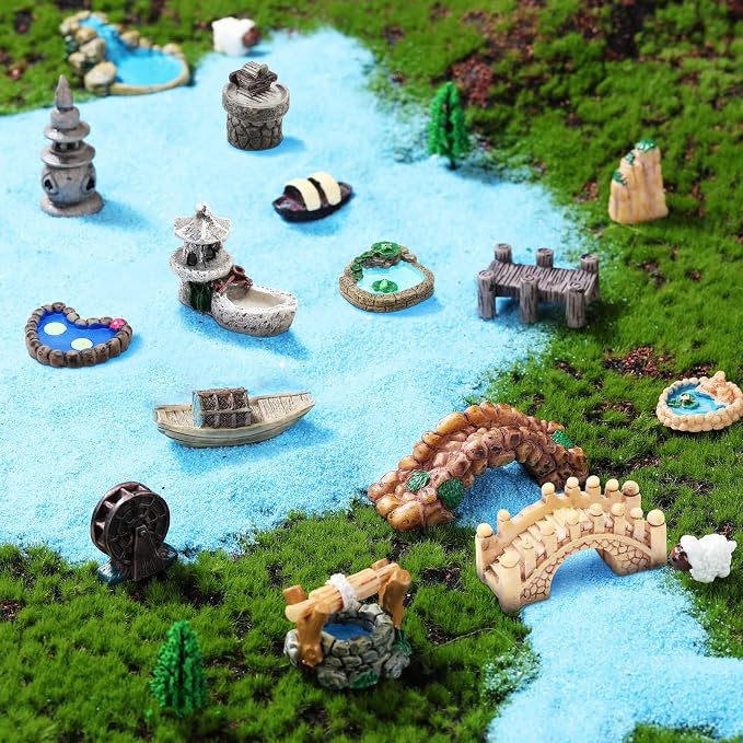 Meooeck 24 Pcs Miniature Garden Accessories Mini Fairy Bridge Figurines Pond - Image 4