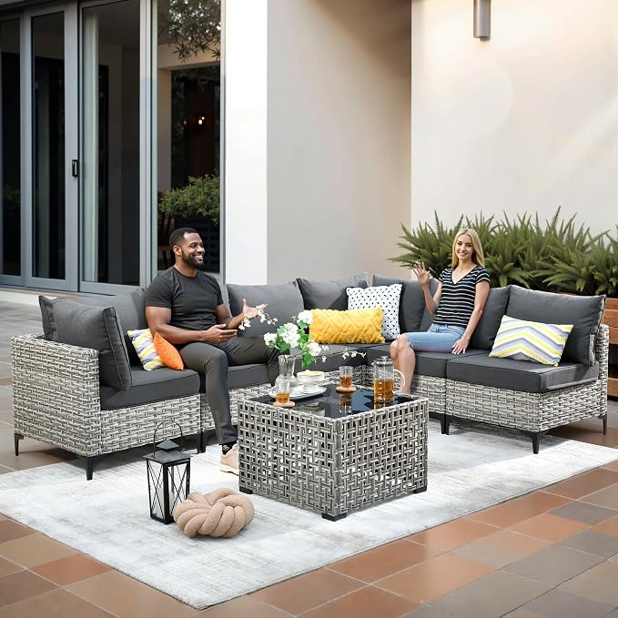 9-Piece Outdoor Sectional Sofa Set w/ 42" Fire Pit – L-Shaped Wicker Patio - Image 3