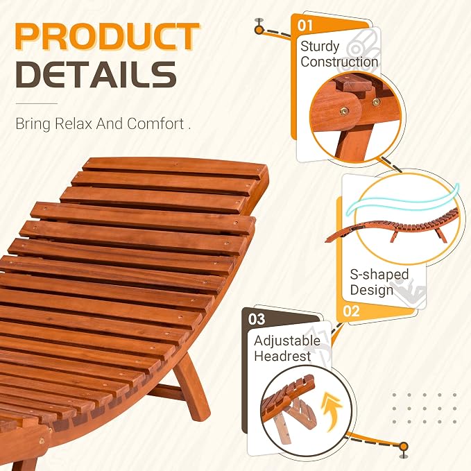 Greesum Wood Folding Chaise Lounge Chair, Weatherproof Extended Sun Lounger - Image 5