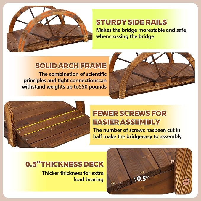 Wooden Garden Bridges for Outdoors 5ft, Garden Bridge for Backyard Yard Patio - Image 6