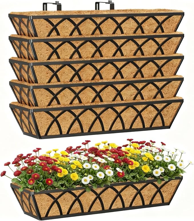 Y&M 24 Inch Window Deck with Coco Liner, Fence Metal Hanging Flower Planter by YM