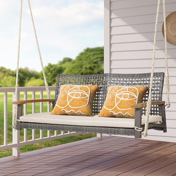 Happygrill 2-Person Patio Porch Swing Chair, Outdoor Rattan Swing Bench - Image 2