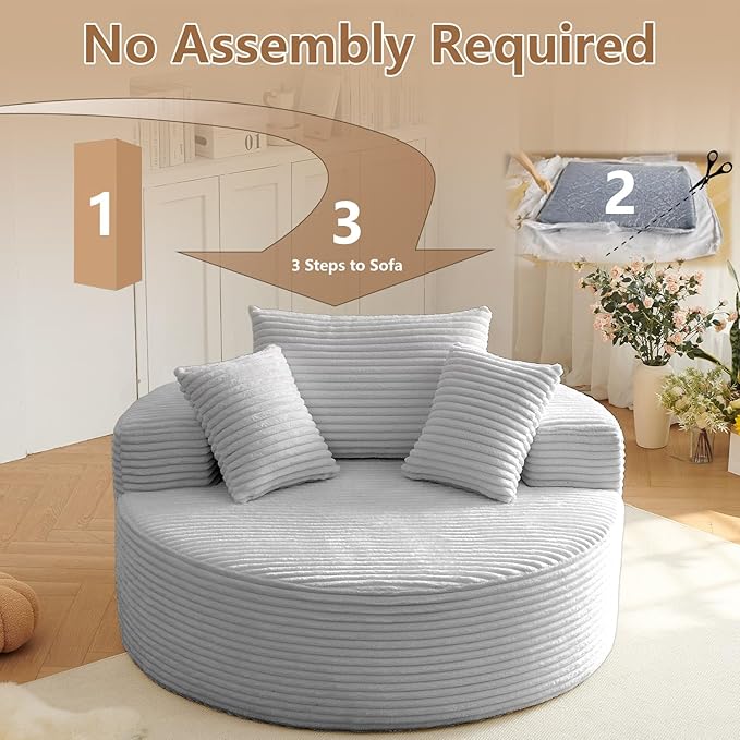 Oversized Round Chair Lounge Chaise Indoor, Upholstered Corduroy Deep Seat - Image 4