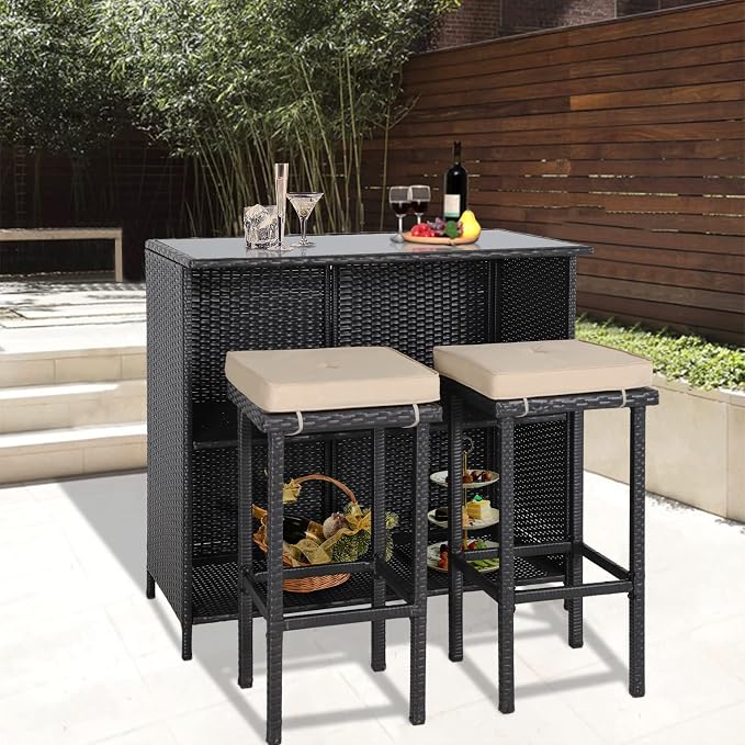 Crownland 3-Piece Wicker Patio Outdoor Bar Set, 2 Stools and 1 Glass Top Table - Image 7