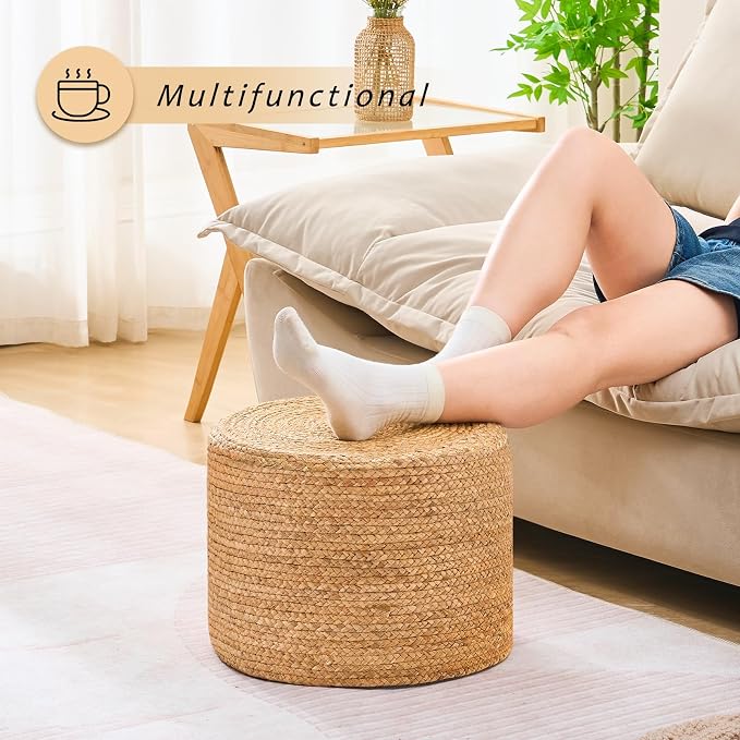 Handwoven Water Hyacinth Ottoman Pouf, Round Outdoor Footstool - Image 4