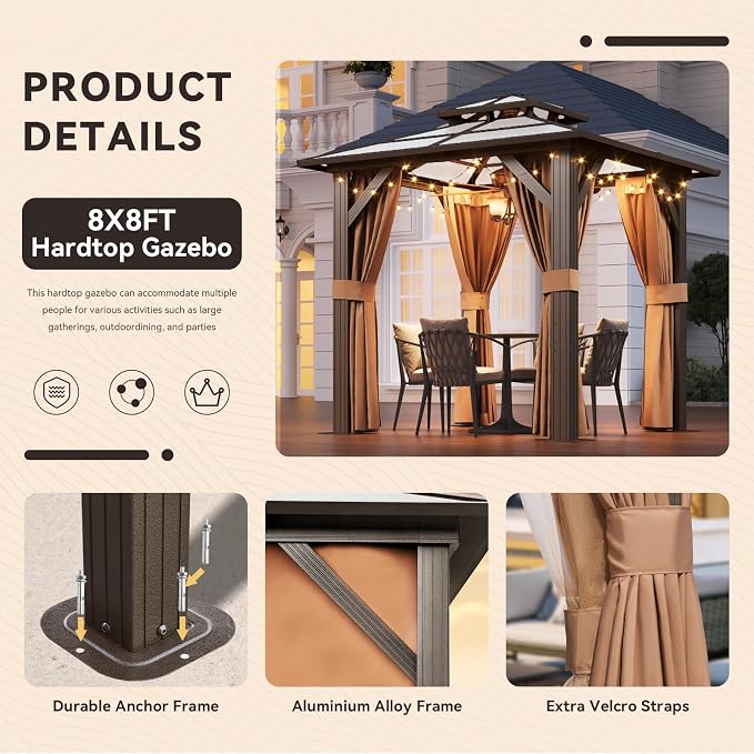 Aoxun 8'x8' Hardtop Gazebo, Aluminum Frame Permanent Pavilion - Image 8