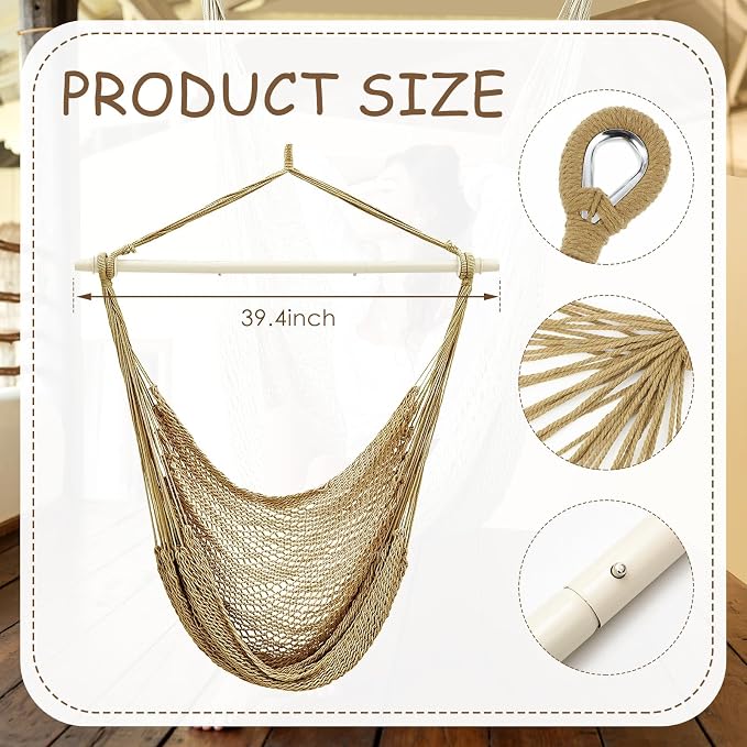 Barydat 2 Pcs Hanging Hammock Chair Boho Swing Chair Indoor Outdoor Cotton Rope - Image 2