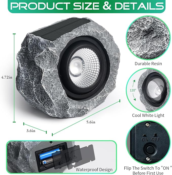 Solar Rock Lights Outdoor, Angle Adjustable Solar Lights Outdoor Waterproof - Image 5