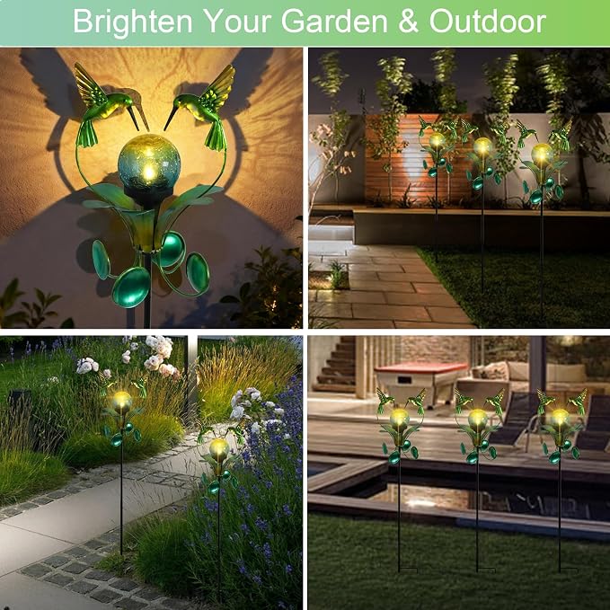 Solar Lights Outdoor Metal Garden Stake Waterproof Crackle Glass Globe Garden - Image 8