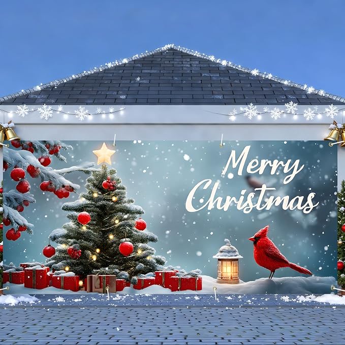 Christmas Garage Door Banner 6x13FT, Cardinal Bird & Ornament Christmas Tree - Image 2