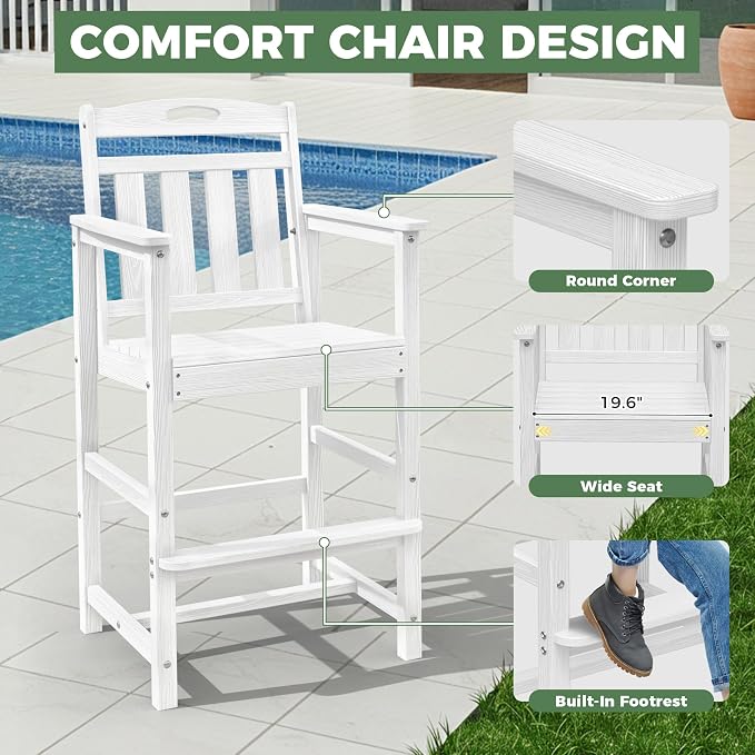 HDPE Outdoor Patio Tall Bar Chair, All-Weather Bar Height Balcony Adirondack - Image 3