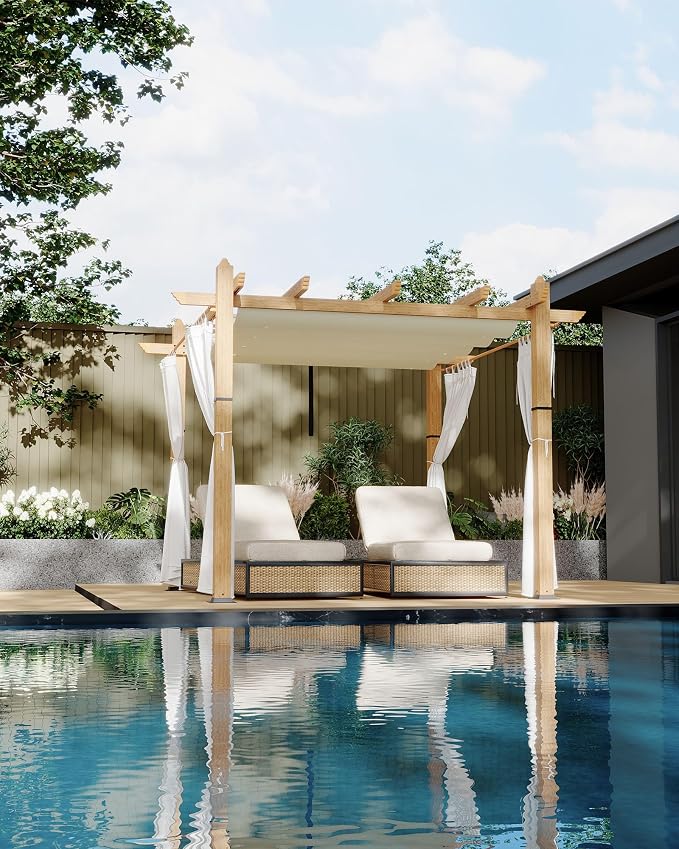 10x10 Ft Outdoor Pergola with Retractable Canopy Metal Gazebo Imitation - Image 2