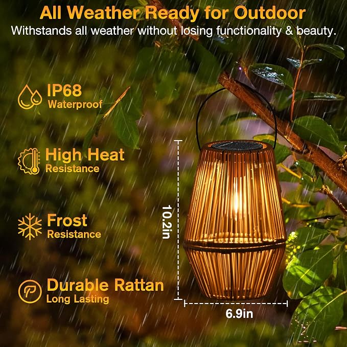 Uspring 2 Pack 3-in-1 Solar Lanterns Outdoor Waterproof Rattan Woven Hanging - Image 5