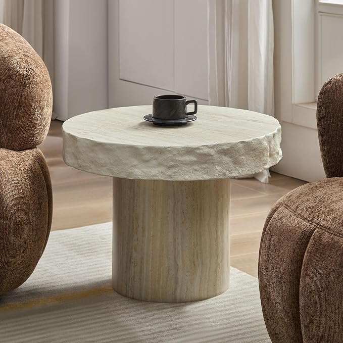 23.82" Round Side Table Small Coffee Table Faux Marble Pattern End Table Cement - Image 4