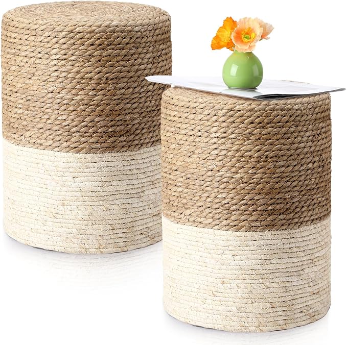 Barydat 2 Pcs 15'' Ottoman Pouf Natural Seagrass Braided Poof Hand Weaving by home