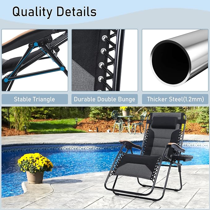 PHI VILLA XXL Oversized Padded Zero Gravity Chair Set of 2, Foldable Patio - Image 4