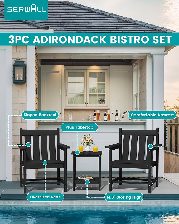 SEWRWALL 3 Pieces Patio Bistro Set, All Weather Adirondack Chair Set - Image 3