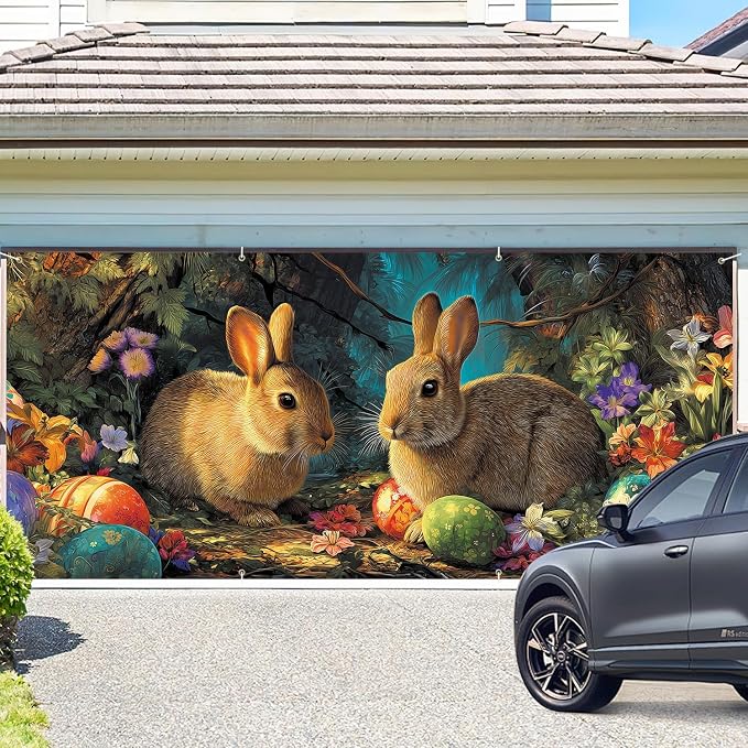 ANNA QUEEN Easter Bunny Garage Door Banner 6x13FT, Two Rabbits and Easter Eggs - Image 2