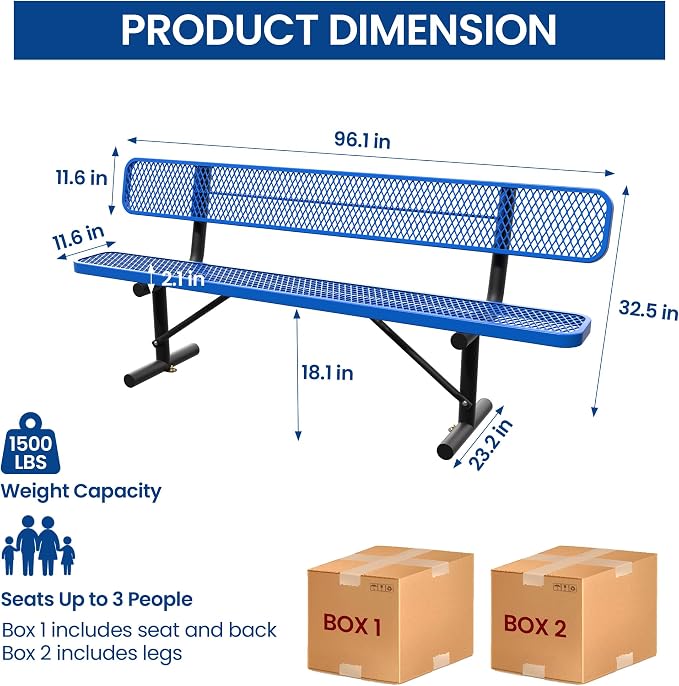 8 Feet Steel Park Bench for Outside, Outdoor Bench - Image 2
