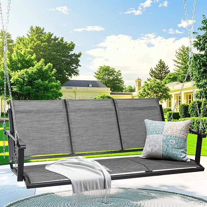 Textilene 3 Seat Hanging Swing, 5.2FT Patio Bench Swing, 660lbs Heavy Duty by jamege