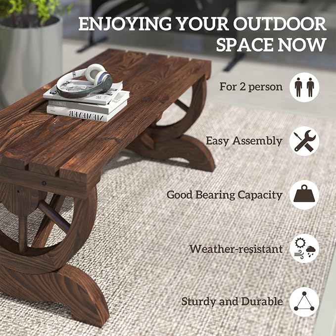 Outsunny 2-Person Wooden Garden Bench, Outdoor Wagon Wheel Porch Bench - Image 6