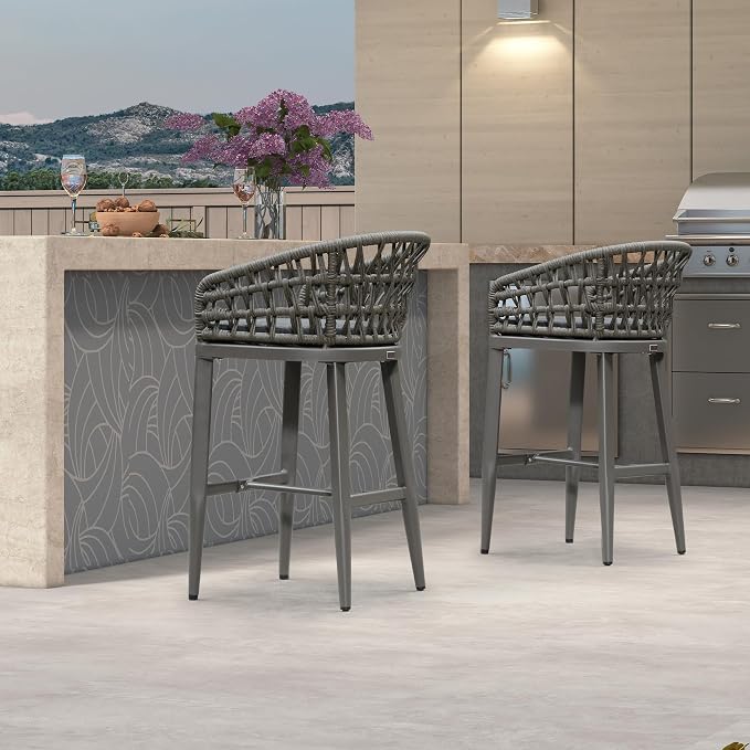 PURPLE LEAF Outdoor Rattan 29" Bar Stools Set of 2, Modern Boho Aluminum Patio - Image 7