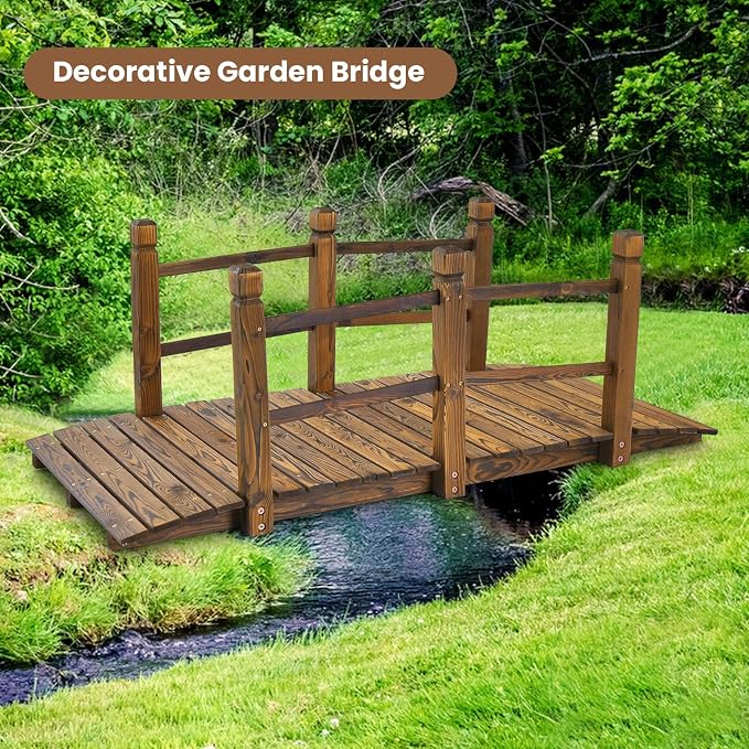 HAPPYGRILL 5FT Wooden Garden Bridge, Decorative Pond Landscaping Bridge - Image 3