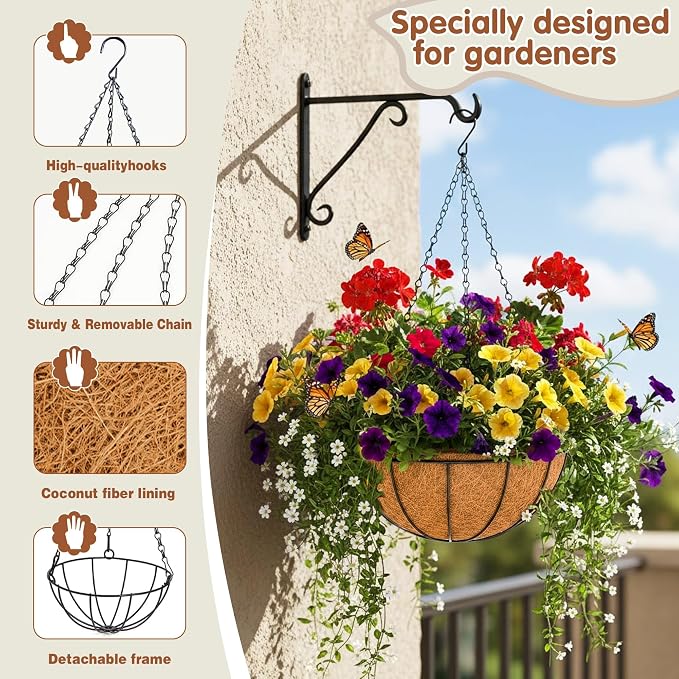 8 inch Metal Hanging Baskets For Plants Outdoor 4 Pack Round Metal Wire Hanging - Image 6