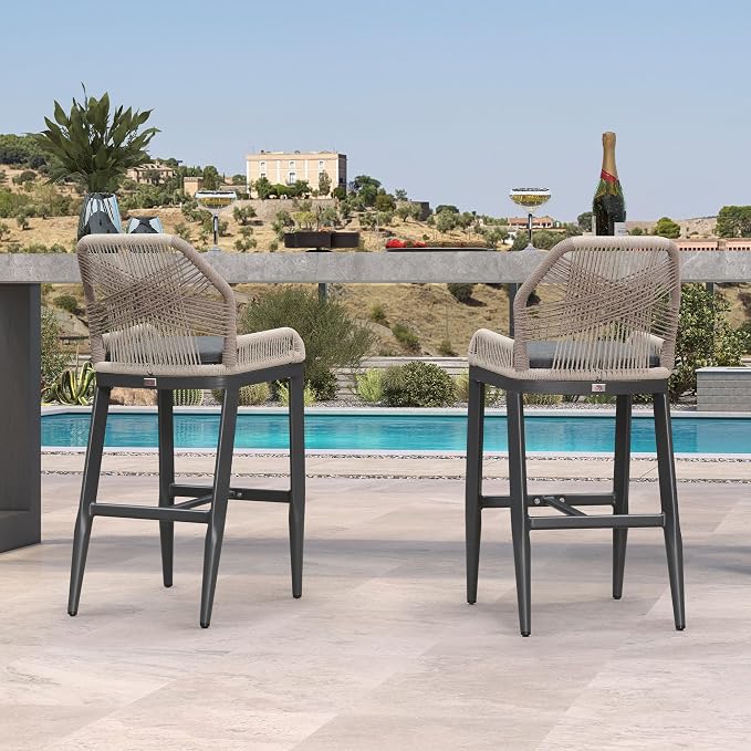 PURPLE LEAF Patio Bar Stool Bar Height Set of 2 Outdoor Rattan Chairs by PURPLELEAF