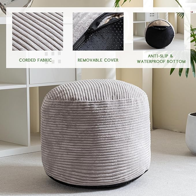 HIGOGOGO Round Stuffed Pouf Ottoman, Corduroy Poufs - Image 3