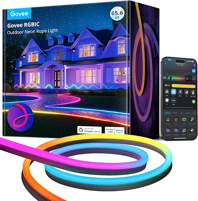 Govee Outdoor Neon Rope Lights, 65.6ft RGBIC IP67 Waterproof Outdoor Decorations by Govee